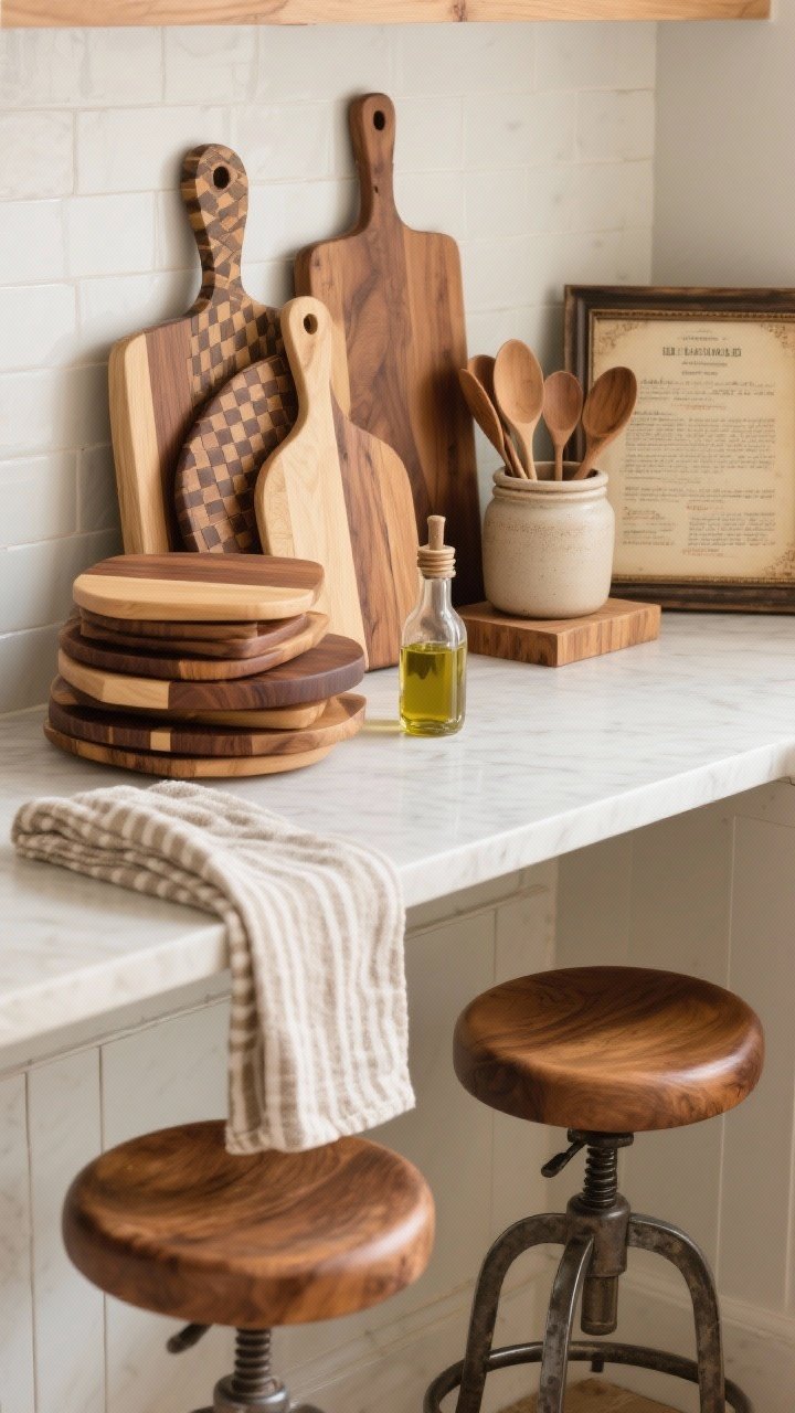 An overhead detail shot of layered wood accessories on a kitchen counter: a stack of cutting boards mixing end-grain and paddle shapes in walnut, acacia, and maple; a vintage breadboard leaned against a light backsplash; a small wooden riser holding olive oil; nearby wood salt cellar, ceramic utensil crock filled with wooden spoons, and framed vintage recipe cards; two stools with curved wood seats and metal bases tucked under the counter edge; nubby linen runner and striped cotton towel adding soft texture; neutral palette with warm wood and a subtle accent color; soft natural light; photorealistic, no people.