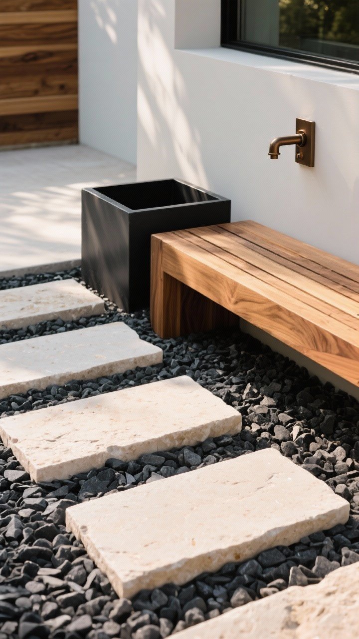Angled medium shot showcasing a curated hardscape palette: pale limestone stepping pads floating in dark charcoal gravel, warm cedar accents repeating on a bench and a matching planter; black or bronze hardware and fixtures tying the scene together; textures contrasted—smooth stone, chunky gravel, ribbed wood grain; cohesive color story with a hero tone (charcoal) supported by warm cedar and pale stone; clean, editorial vibe, late afternoon light.