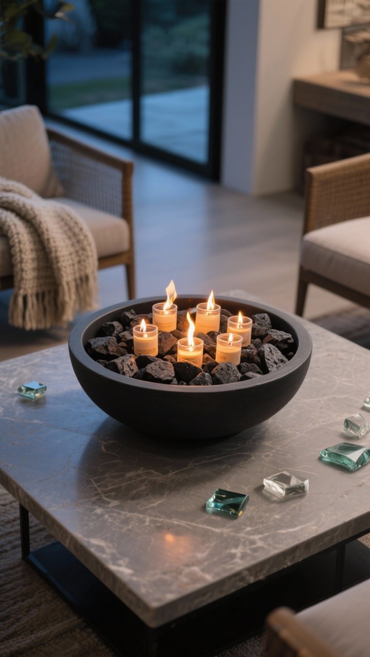 Closeup: A tabletop gel-fuel fire bowl in a low, wide charcoal planter filled with lava rock; nested gel canisters glowing with small flames; placed on a nonflammable stone tabletop with a few pieces of fire glass; cozy knit throws draped on nearby chairs out of focus; twilight ambiance, safe clearances visible, photorealistic.
