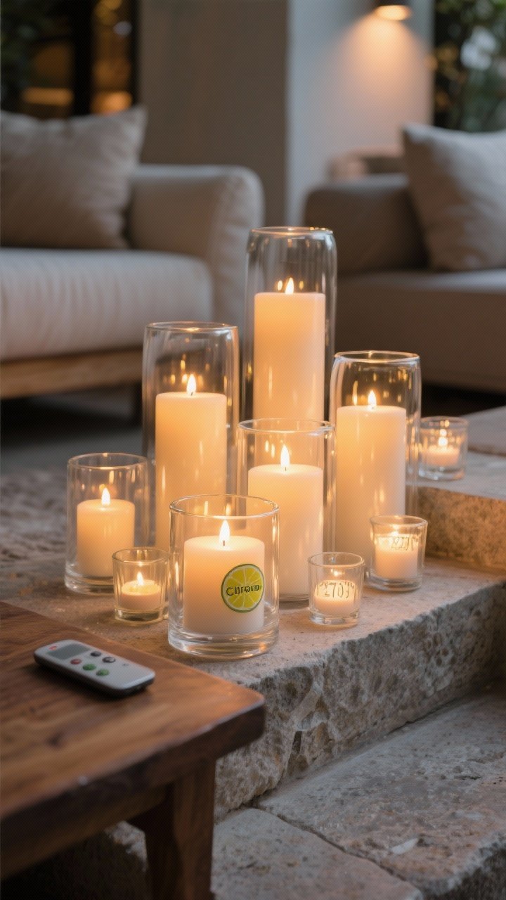 Closeup detail: A cluster of flameless LED candles—pillars, votives, and tea lights—layered inside clear and frosted glass hurricanes on a stone step; gentle flicker reflecting in glass, wind protected; a subtle citronella label on one candle near seating; warm, intimate 2700K glow; remote-control candle lying discreetly on a nearby wooden side table edge in soft focus.