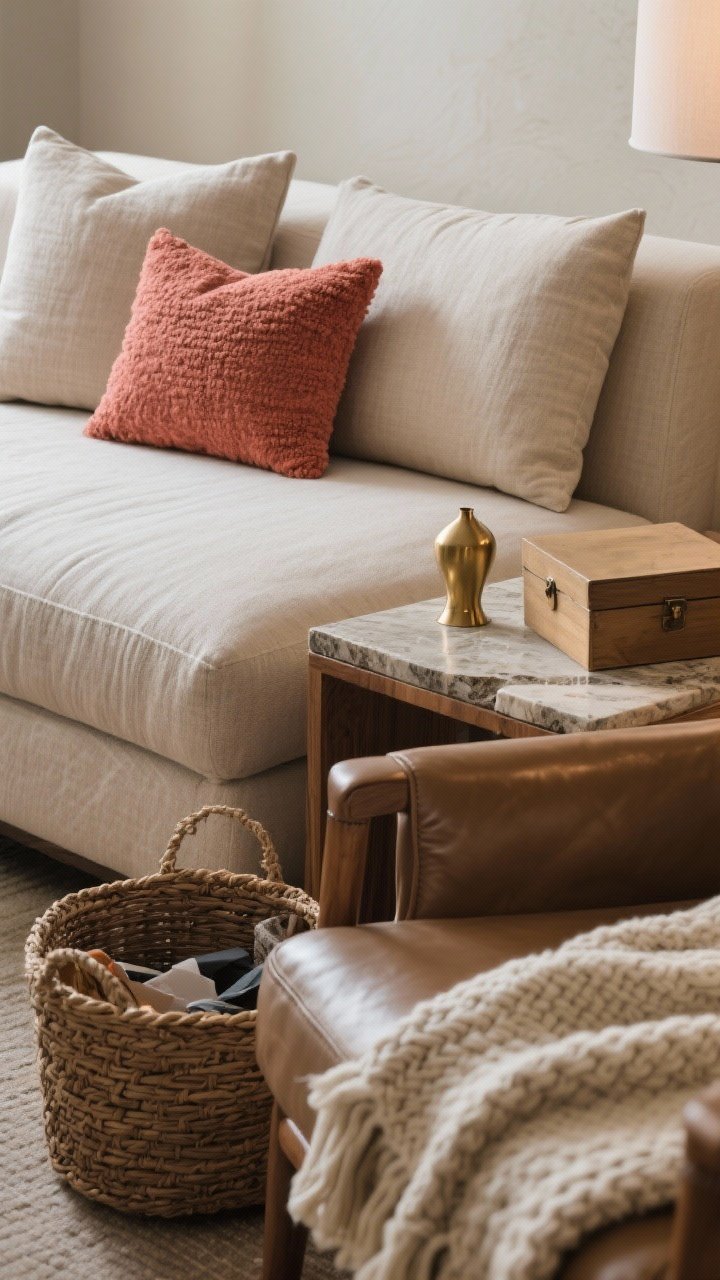 Closeup detail: A curated palette and texture study on a sofa—neutral linen base with a secondary neutral pillow, a single accent-color pillow repeated in a throw, and a touch of metallic via a small brass object on the side table. Layer textures: boucle pillow, smooth leather accent on an adjacent chair arm, chunky knit throw, and a wood-and-stone side table surface; a lidded box or woven basket nearby contains clutter. Calm boutique-hotel mood, cohesive 3–4 color scheme, soft ambient lighting, no people, photorealistic.