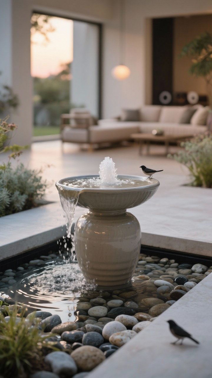Closeup detail: A self-contained bubbling urn fountain with water gently spilling over a ceramic surface into a hidden underground reservoir, surrounded by smooth pebbles and low plants. The background softly shows a lounge zone to suggest proximity for sound enjoyment. Early evening light with subtle reflections on water; soothing, minimalist mood; alternate detail includes a modern birdbath with added pebbles for pollinators.