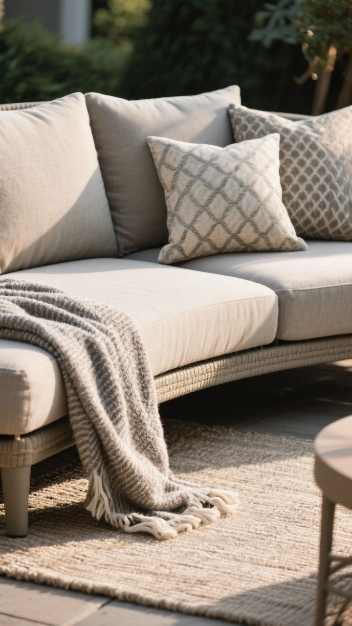 Closeup detail: Deep outdoor cushions in solution-dyed acrylic fabric on a curved, rounded loveseat; layered textiles include a heathered outdoor throw and washable patterned pillows, all atop a neutral outdoor rug. Fabric weave and plush depth prominent, cozy “hug” feeling. Soft, warm side lighting, tight composition, no people.