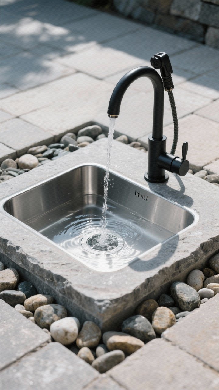 Closeup detail: hydration station on a paver pad featuring a shallow stainless steel basin set flush into the stone, a matte-black spigot above with a handheld sprayer on a hook, surrounded by smooth river rock for drainage; faint water ripples in the basin; shaded placement with cool-toned light to imply temperature control; subtle anti-siphon valve visible on the plumbing.