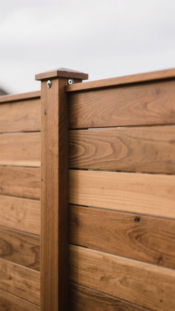 Closeup detail of a board-on-board cedar privacy fence showing overlapping vertical boards with elegant shadow lines; cap rail on top for a polished finish, stainless or coated screws visible without staining; rich natural cedar tone, subtle weathering beginning; side-angled shot to emphasize zero gaps and thickness for sound buffering; overcast light for even texture and grain clarity.
