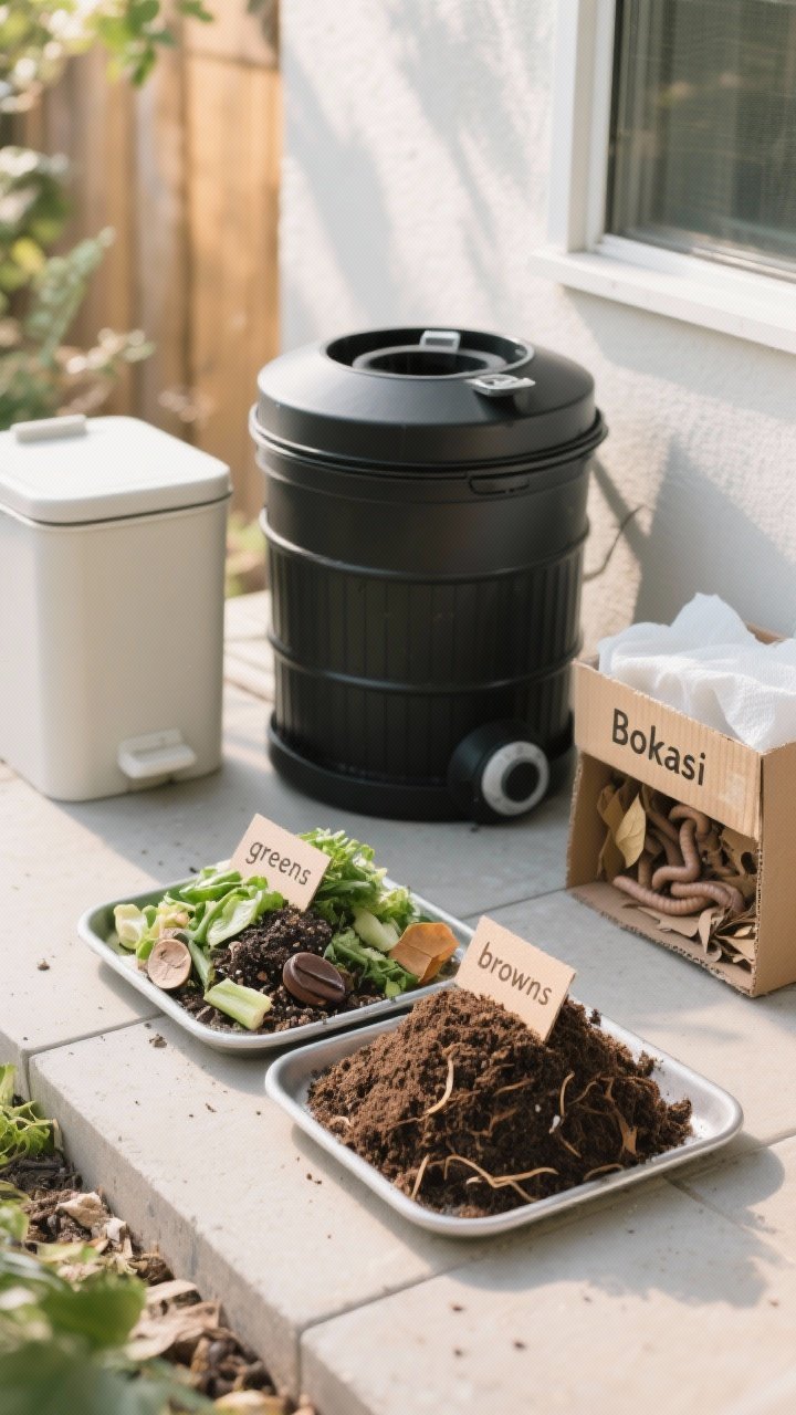 Closeup detail of a mini compost station on a small patio: a compact black tumbler composter beside a tidy Bokashi bin and a discreet worm bin. Two neat piles on a tray show “greens” (veggie scraps, coffee grounds, tea leaves) versus “browns” (shredded cardboard, dry leaves, unbleached paper towels), labeled with small tags. Surfaces appear clean and dry, no smell cues. Soft shade with diffuse daylight, focus on textures—cardboard fibers, coffee grounds, and moist compost like a wrung-out sponge.