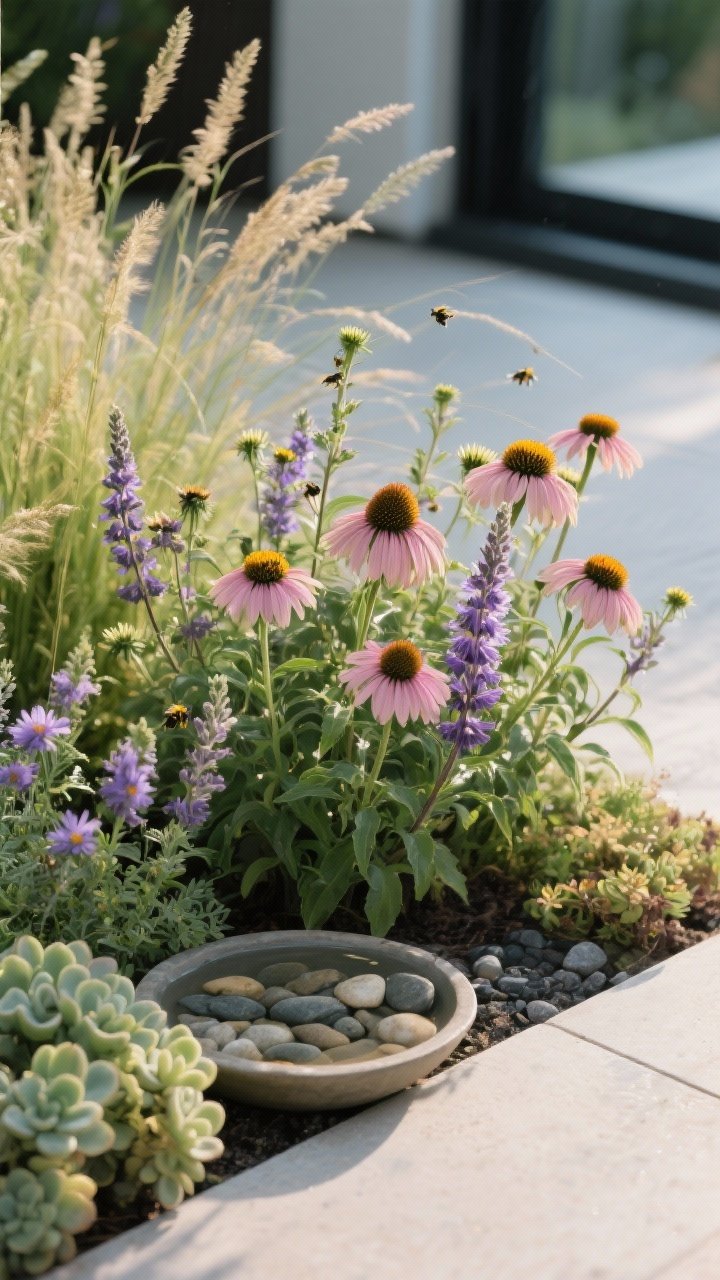 Closeup detail of a polished pollinator planting drift: grouped clumps (3–5) of echinacea and salvia in full bloom with airy grasses weaving through, nearby aster buds suggesting later season, and sedum fleshy leaves; shallow water dish with pebbles tucked beside plants; morning light catching petal textures and pollen; photorealistic macro feel, no pesticides or signage, clean edges to keep it refined.