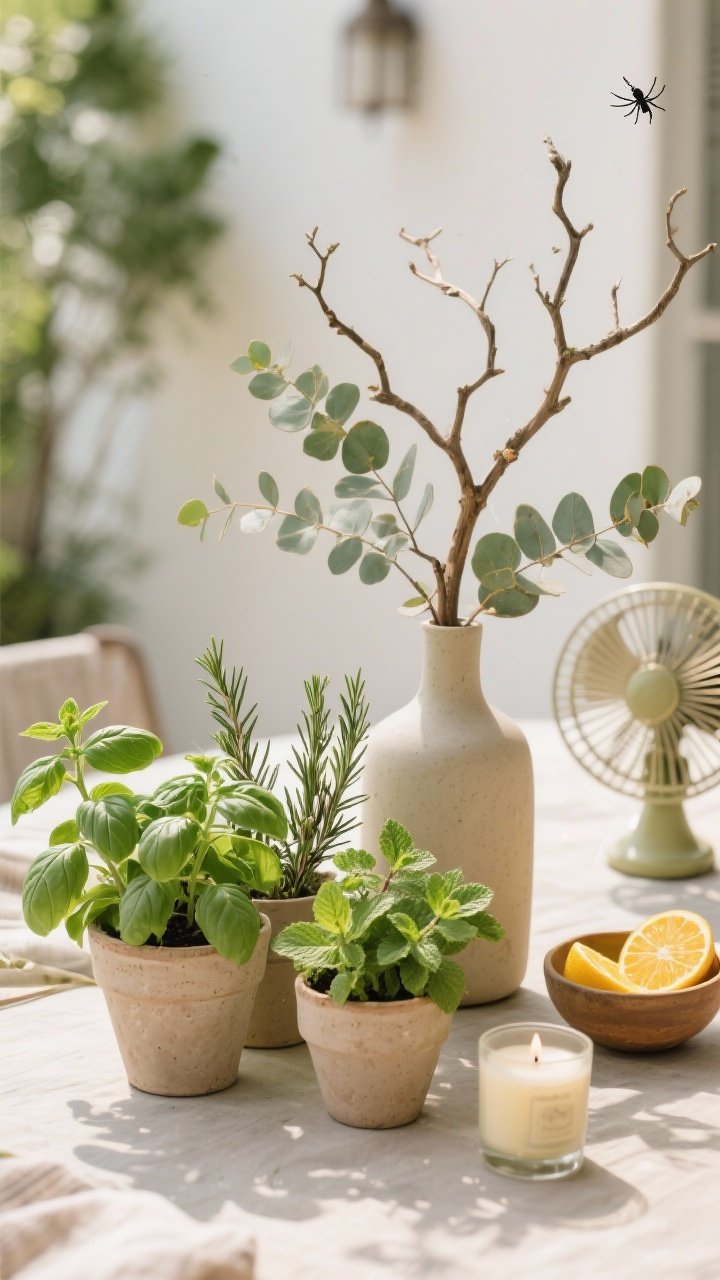 Closeup detail of greenery and scent elements on an outdoor table: potted herbs—basil, rosemary, and mint—clustered in simple clay pots, a vase with clipped branches forming a sculptural centerpiece, sprigs of eucalyptus and a small bowl of citrus slices nearby; a citronella candle subtly included, with a gentle fan in the background hinting at bug control; soft natural light and fresh, lush textures.