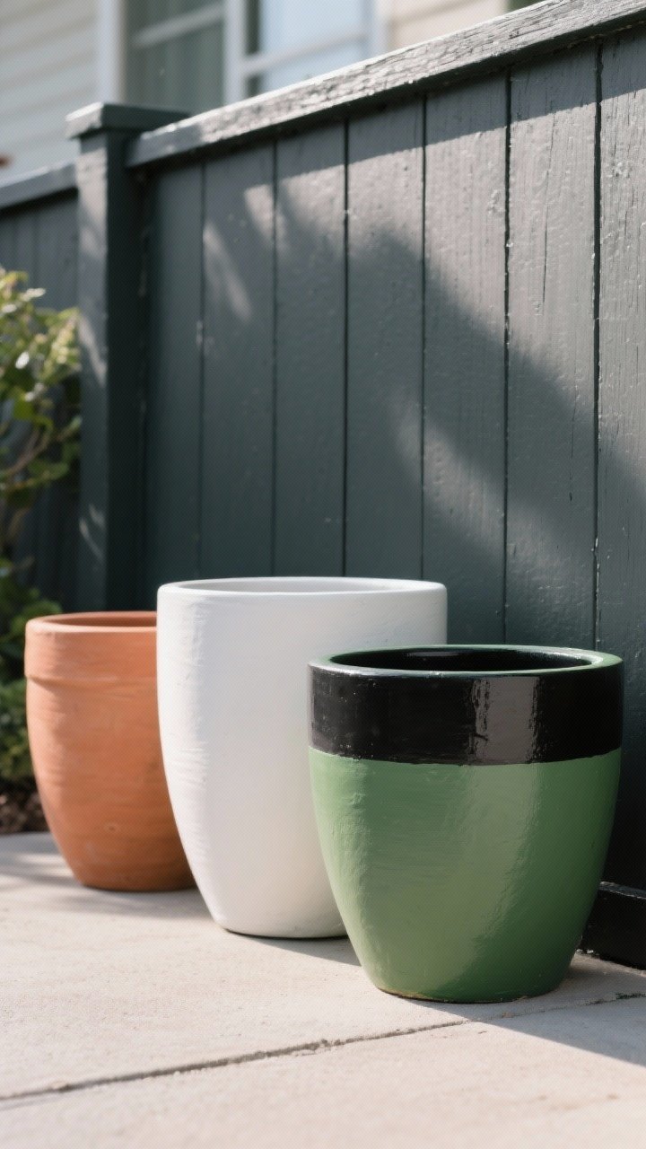 Closeup detail of painted pots against a freshly painted fence: a trio of monochrome containers in terra-cotta, white, and olive green, plus a color-blocked pot with a clean black stripe. Background fence painted charcoal to make greens pop. Exterior-grade paint sheen subtly visible. Late afternoon soft light, straight-on close framing emphasizing color coordination and finish.