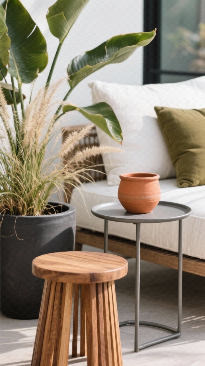 Closeup detail of strategic color and material mixing: a vignette of matte charcoal planter next to warm wood slat stool and smooth powder-coated metal side table, with outdoor textiles in soft white and a single repeated accent hue (terracotta or olive) in a cushion and ceramic pot. Textural focus on matte, natural fiber, and smooth finishes; sculptural foliage with broad leaves and airy grasses; bright but diffused daylight; no people.