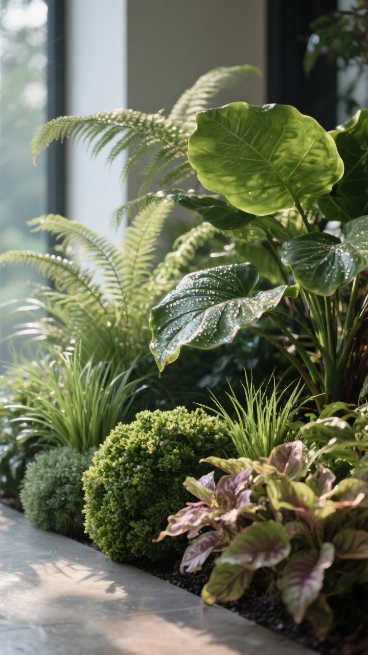 Closeup detail of texture play: juxtapose fine-textured ferns and mondo grass, medium-textured boxwood and heuchera, and bold hosta and elephant ear leaves; dewy morning light raking across surfaces to reveal glossy vs. matte foliage, feathery vs. broad shapes; shallow depth of field isolating layered textures; tight composition from a slight side angle to emphasize depth and dimensional contrast.
