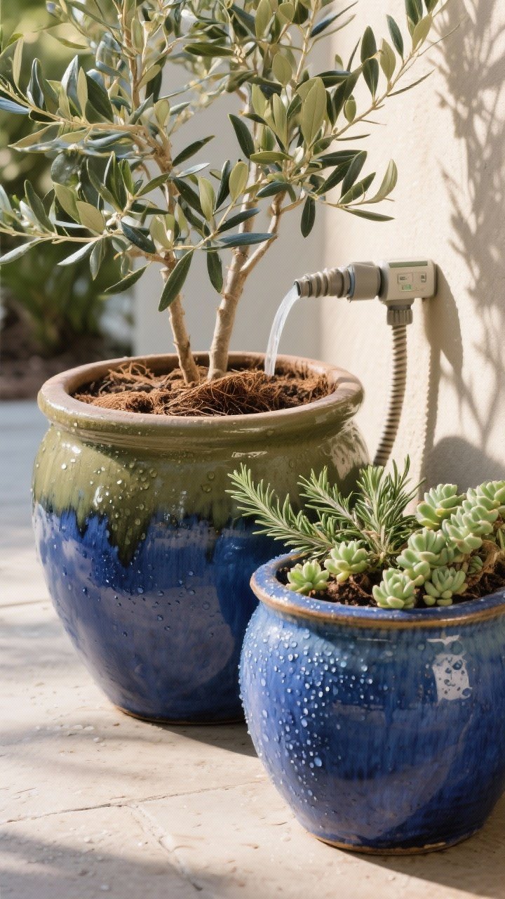Closeup detail of water-wise containers on a patio: large glazed ceramic pots in deep blue and olive tones, filled with a moisture-retentive mix (hint of compost and coconut coir visible at surface), planted with dwarf olive, rosemary, sedums; a discreet drip ring emitter tucked under foliage, tubing tied to a timer; soft shade with dappled light, beads of moisture on glazed surfaces.