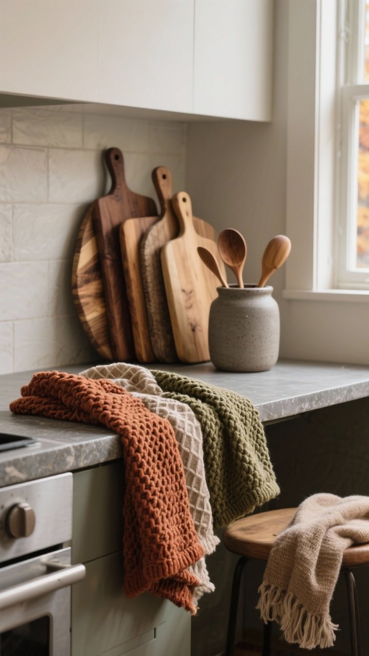 Closeup detail shot: A kitchen vignette showcasing layered textures—waffle-knit and linen tea towels in rust, camel, and olive draped over the edge of a matte stone countertop; a stack of wood cutting boards leaning against a neutral backsplash; a matte stoneware utensil crock filled with wooden spoons; a micro throw casually draped over a nearby counter stool. Soft, natural autumn daylight from a side window emphasizes the chunky knit, rough wood grain, matte ceramic, and soft linen textures. No people, photorealistic, shallow depth of field, corner angle.