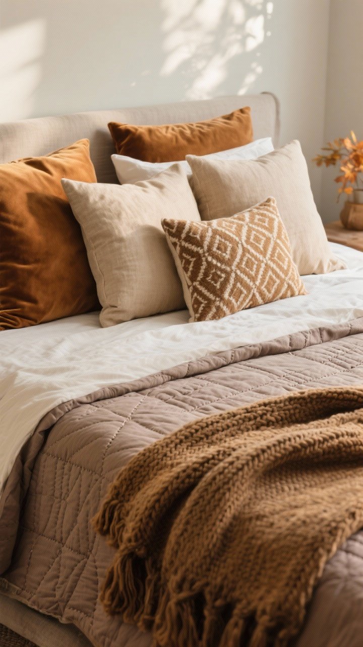 Closeup detail shot: A layered autumn bed scene focusing on textures—breathable linen sheets in warm neutral taupe as the base, a quilted coverlet with subtle stitched pattern in a slightly deeper beige, topped with a casually draped weighted chunky knit throw at the foot of the bed. Pillow stack shows mixed materials: velvet euro shams in muted camel, linen standard pillows in oatmeal, and a cheeky patterned lumbar pillow with a subtle geometric print. Soft morning natural light grazes the fabrics to highlight weave and pile; neutral, cohesive palette to avoid chaos; no people.