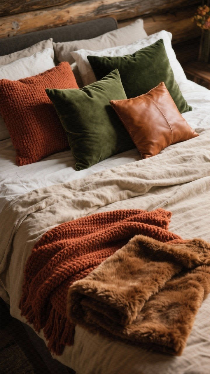 Closeup/detail shot: A layered fall bed shot from a 3/4 overhead angle, showcasing linen or flannel sheets in oatmeal, a chunky knit throw in rust draped casually, and a folded faux fur/sherpa blanket in warm brown at the foot. Mix of pillow textures arranged in relaxed odd numbers: cotton shams in clay, deep forest green velvet euro pillows, and a small leather or suede accent pillow in warm brown. Neutral bedding base with the textured throw as the focal point. Soft natural morning light; moody, cozy, cabin-like atmosphere; color palette of rust, oatmeal, clay, deep forest green, and warm brown. No people.