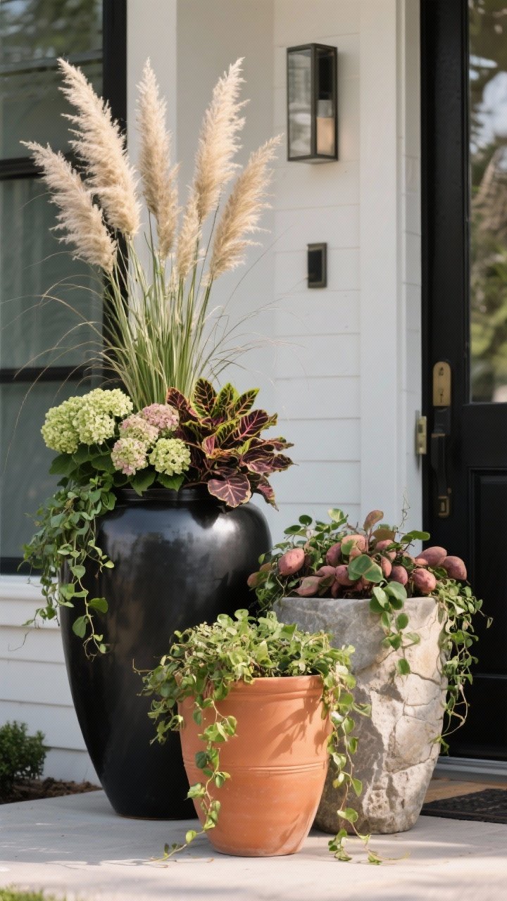 Closeup detail shot at entryway of a statement planter trio in varied sizes: oversized modern matte black, terracotta, and stone-look pots clustered; thriller-filler-spiller composition—feather reed grass as the tall thriller, coleus and dwarf hydrangea as fillers, and sweet potato vine and creeping jenny spilling over the rims; subtle afternoon side light emphasizing textures of glazed and matte finishes; crisp, upscale curb appeal, photorealistic.