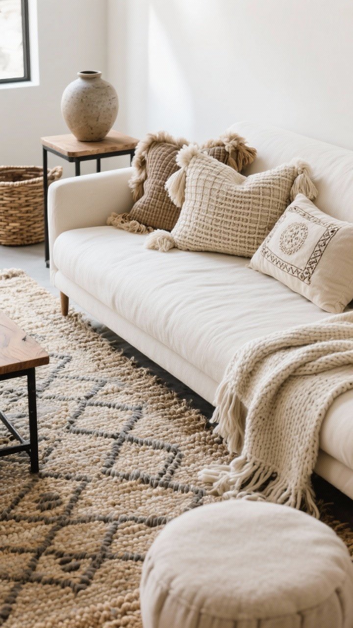 Closeup detail shot focusing on layered textures in a modern boho living room: a streamlined cream linen sofa next to a chunky natural jute Berber-style rug, topped with a mix of throw pillows—waffle knit, tassel-trimmed, faux shearling, and an embroidered cover—plus a soft knit throw draped over the arm. Include a rough ceramic vase on a nearby low wood-and-black-metal side table and a woven basket with a soft ottoman in view. Aim for 3–5 distinct textures, neutral palette of sand, oat, and soft gray, soft natural daylight grazing the surfaces to highlight weave, pile, and ceramics. No people.