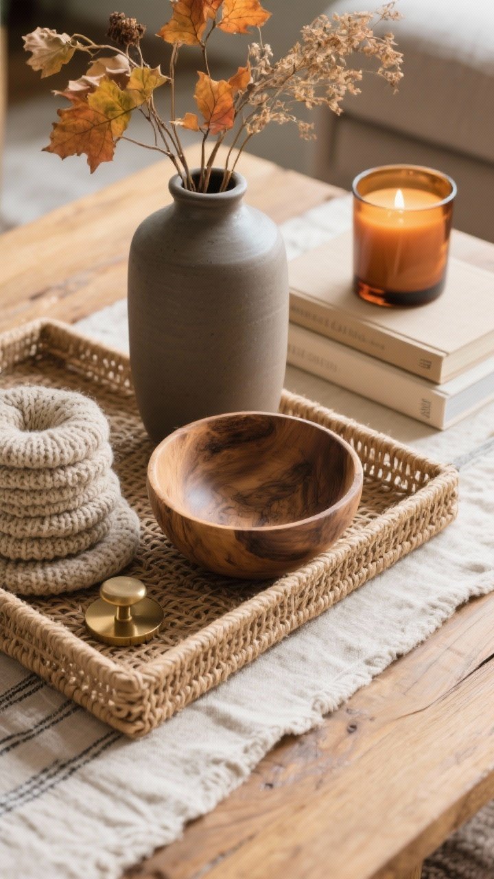 Closeup detail shot from a low angle of a fall-styled coffee table emphasizing layered textures: a simple woven jute tray as the base on a natural wood tabletop, a linen runner peeking beneath; a rough wood bowl, a matte ceramic vase (tallest element) with dried stems, a knit coaster stack (lowest), and a medium-height amber glass candle on top of two neutral coffee table books. Use the rule of three with clearly varied heights. Soft afternoon natural light grazing across surfaces to highlight texture on texture—woven, wood grain, ceramic matte, and a hint of brushed metal from a small brass accent. Balanced composition: if anything looks busy, the plain wood tray grounds it. No people, photorealistic.