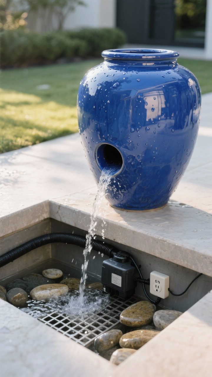 Closeup detail shot of a disappearing fountain water feature: a glossy glazed cobalt-blue urn with water bubbling from the center hole, droplets catching light; water disappears through smooth river stones into a hidden basin supported by a metal grate; discreet black tubing and a compact pump implied beneath, cord leading to a weatherproof GFCI outlet partially visible in background; subtle reflections on the urn, wet stone textures glistening; late-afternoon light with gentle highlights; modern, minimalist garden context; no people.