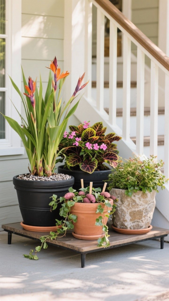 Closeup detail shot of curated containers styled like a coffee table: a trio grouping near entry stairs featuring large black, terra-cotta, and stone-finish pots for cohesion; thriller-filler-spiller planting—tall ornamental grass or canna as thriller, mounding coleus and geranium as fillers, trailing ivy and sweet potato vine as spillers; water-smart potting mix granules visible at the rim, slow-release fertilizer stakes tucked in; soft morning porch light; no people.