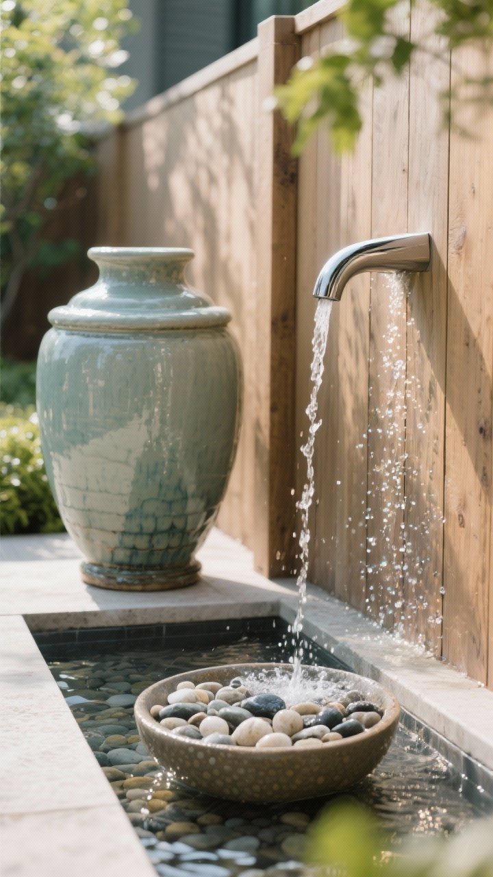 Closeup detail shot of easy water features: a glazed urn fountain with a gentle column of water, a shallow bubble bowl filled with smooth pebbles creating a soothing burble, and a sleek wall spout over a narrow trough mounted on a wood fence; subtle sunlight sparkles on water, hint of nearby greenery reflections, compact and contractor-free feel, photorealistic.