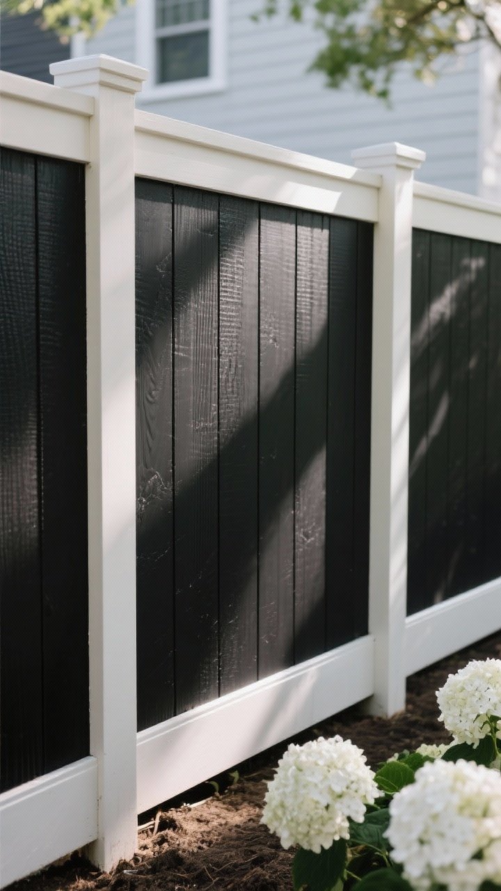 Closeup detail shot of exterior shiplap-style fencing with board-and-batten accents: matte black paint with a smooth exterior-grade finish and crisp primed edges; trim frame creating cabinetry-quality borders; a small intentional gap at the bottom to prevent soil contact; side raking light to reveal subtle panel texture; a hint of white hydrangea blooms in the foreground for farmhouse contrast.