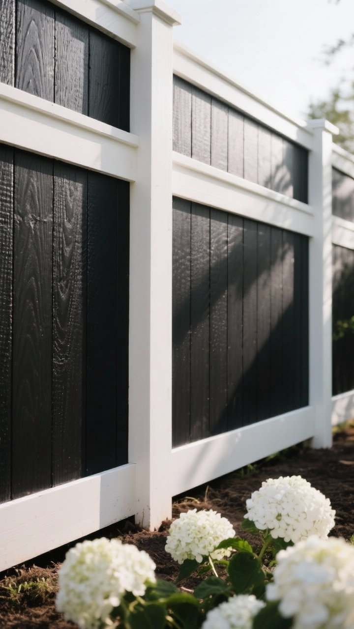 Closeup detail shot of exterior shiplap-style fencing with board-and-batten accents: matte black paint with a smooth exterior-grade finish and crisp primed edges; trim frame creating cabinetry-quality borders; a small intentional gap at the bottom to prevent soil contact; side raking light to reveal subtle panel texture; a hint of white hydrangea blooms in the foreground for farmhouse contrast.