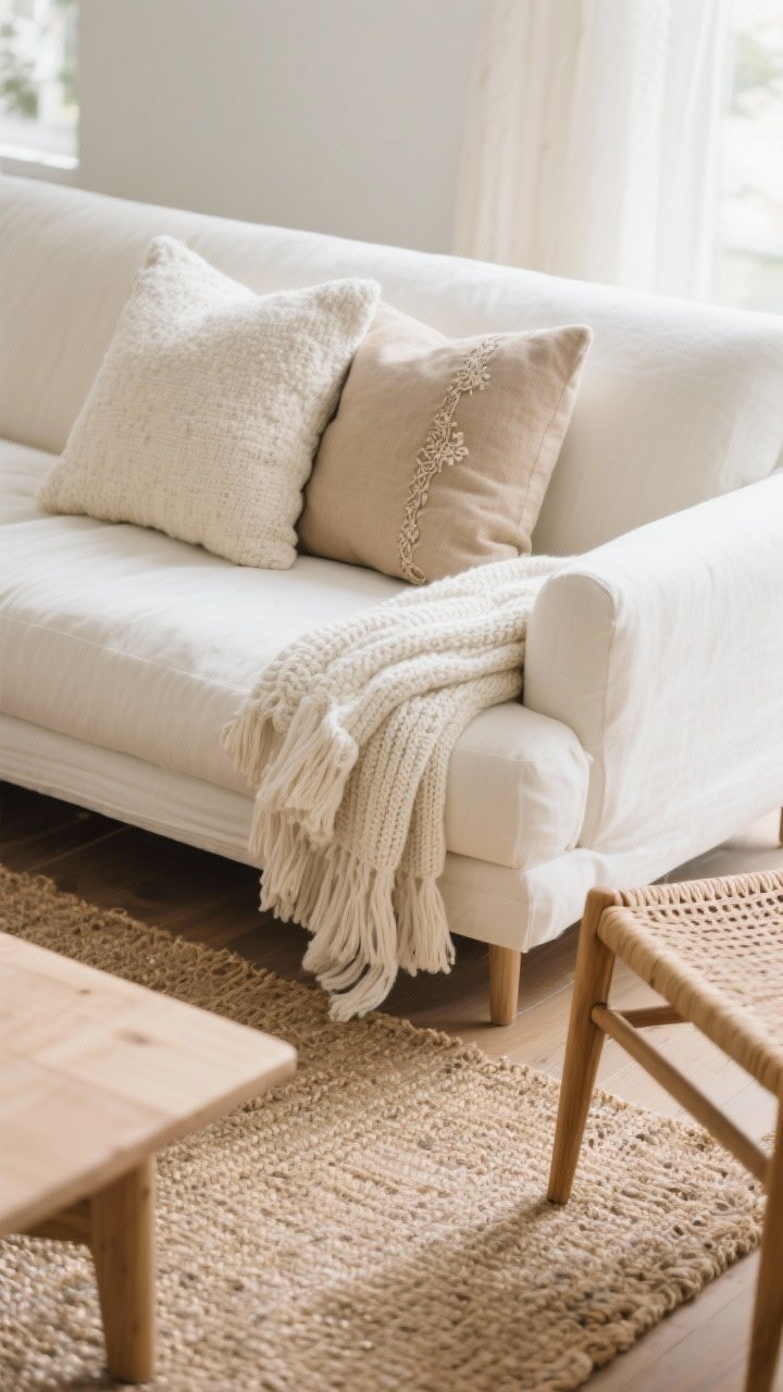 Closeup detail shot of layered neutral textures on a living room sofa scene: a creamy white linen sofa against a soft, blurred background; throw pillows in bouclé, cotton slub, and subtle embroidered details in tones of sand, oat, and ivory; two throws casually layered—one chunky knit draped over the arm, one lightweight gauzy throw folded at the seat; foreground shows the edge of a smooth light-oak coffee table; floor anchored by a large natural-fiber jute rug; a woven rattan side chair partially visible for texture echo; soft natural daylight from the side, photorealistic, focus on tactile surfaces.