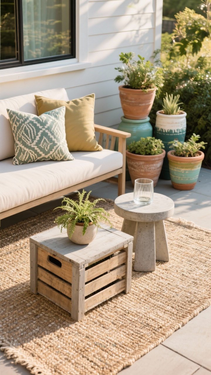 Closeup/detail styling vignette on a patio seating area. Show an outdoor rug defining the zone, weather-friendly pillows in two patterns plus one solid on a bench, and a small side table (stool or crate or concrete-look) holding a plant and a glass. Nearby, a cluster of planters in odd numbers with varied heights, colors coordinated with the pillows and previously painted pots. Late afternoon warm light, cohesive palette tying textiles, pots, and decor together, photorealistic.