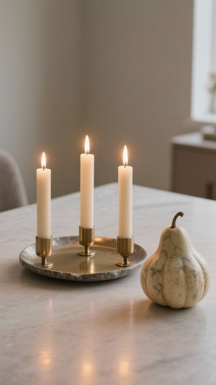 Closeup, eye-level shot emphasizing candlelight and subtle harvest notes: one candle family only—three neutral cream taper candles in matte metal holders on a low-profile brass or stone candle plate, softly glowing; nearby, a single organic accent such as a small ceramic pumpkin or marble pear in a muted tone; palette in cream, sand, smoky gray with warm candle glow reflecting lightly on the plate; evening ambiance with subdued room lighting so candlelight is primary; clean surface, modern, no clutter; photorealistic warm mood.