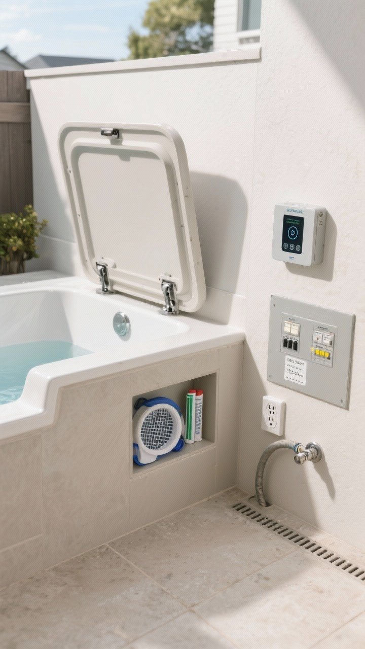 Closeup/functional detail: A maintenance-ready corner featuring a sturdy cover lifter attached to the tub, a small built-in storage cubby holding a skimmer, extra filters, and test strips, and a weatherproof smart control panel/app display on a nearby wall; visible GFCI-protected outdoor outlet, subtle drainage slope away from the pad, and a nearby hose bib; labeled breaker box or indication of separate circuits for lighting and heater; clean, practical setup in neutral tones; bright, clear daytime light; photorealistic.