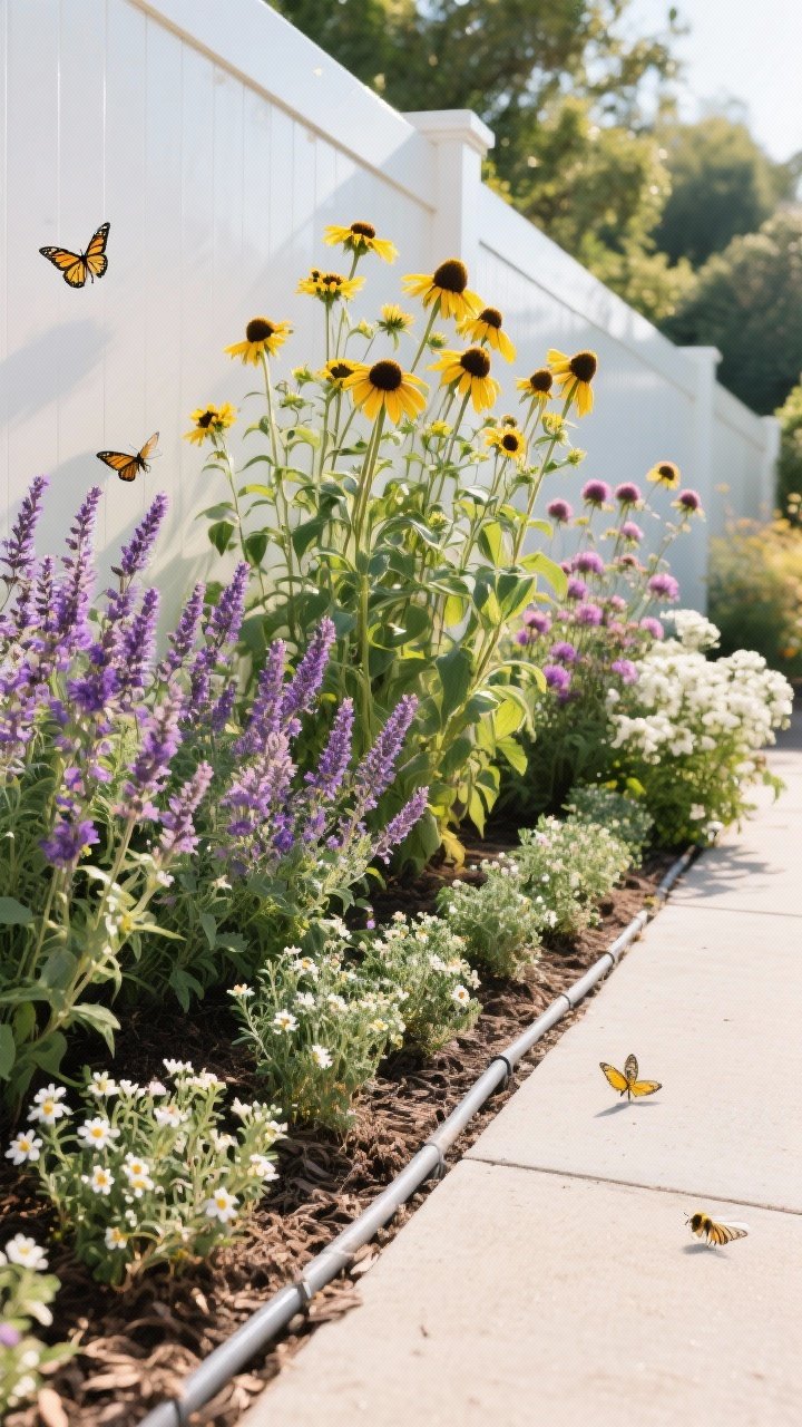 Closeup, low-angle border view of a pollinator strip along a fence: layered heights with tall coneflower and rudbeckia in back, mid-layer salvia and yarrow, and a low front edge of thyme and sweet alyssum spilling slightly onto the path; repeated color palette of purples, yellows, and whites for cohesion; seasonal succession hinted with nearby bee balm and asters buds; mulch tidy, drip line tubing discreetly visible for grouped water-wise planting; bright morning light with butterflies implied by flower motion (no insects shown explicitly), no people.