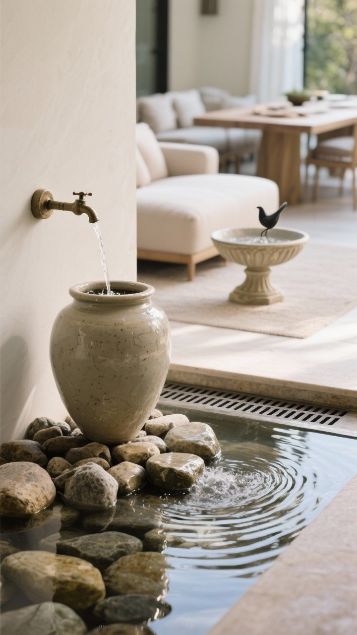 Closeup/medium detail: Serene water feature vignette—ceramic urn fountain trickling into smooth river rocks with zero splash, adjacent wall-mounted spout recirculating into a hidden basin hinted by a grate, and a classic birdbath visible in the background; placed near lounge seating but not next to a dining table; gentle ripples and reflections, soft ambient daylight, photorealistic.
