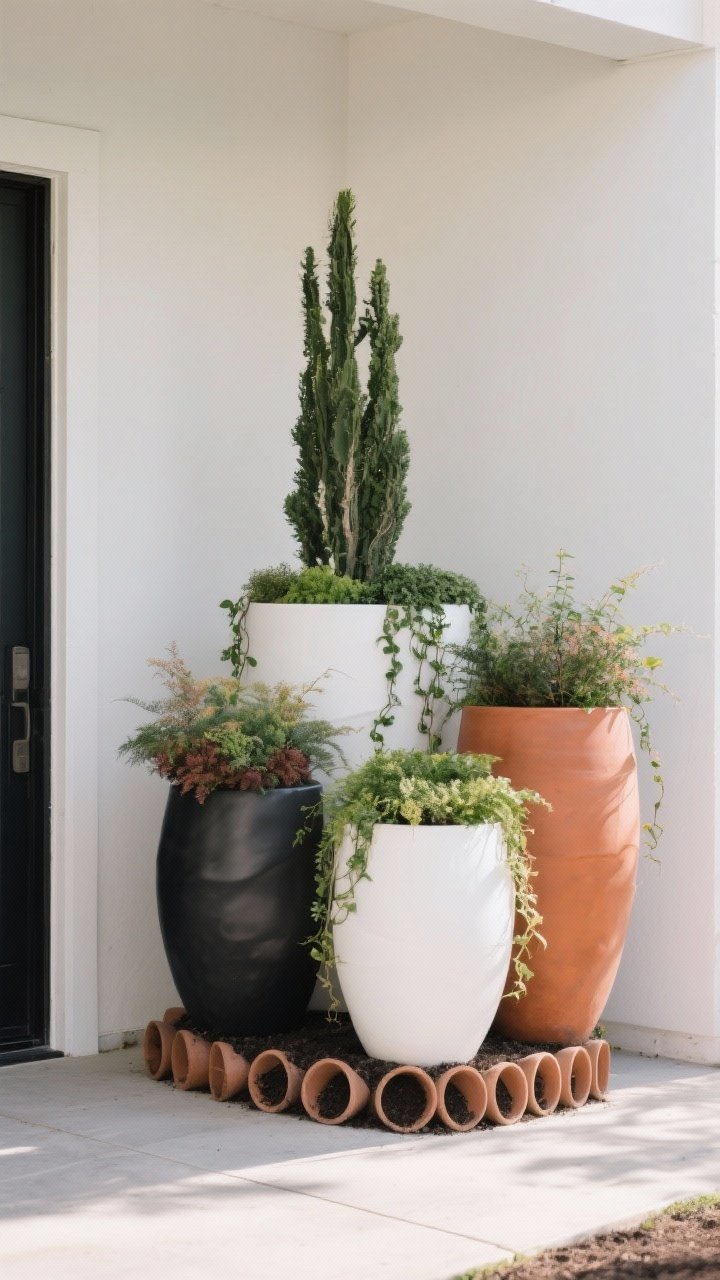 Closeup/medium hybrid of a sculptural pot cluster at an entry: three large planters in a cohesive palette (matte black, white, and terracotta), with thriller-filler-spiller planting—tall center specimen, mid-height fillers, and trailing vines over the rim; the bottom third subtly shown using inverted empty nursery pots to reduce soil; clean patio backdrop; soft diffused daylight, straight-on focus on form and texture.