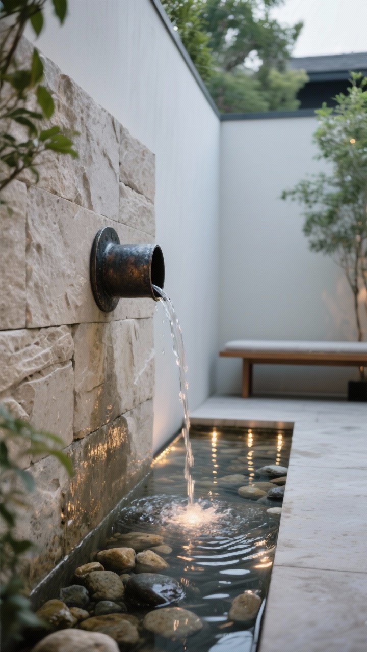 Closeup of a compact courtyard water feature: a wall-mounted spout pouring into a narrow trough, with river rock accents and a soft ripple pattern on the water surface. Underwater LED lights add evening sparkle; a nearby bench suggests seating without people. Clean stone textures, dark patina on the spout, and subtle reflections of surrounding greenery. Calm, intimate mood.