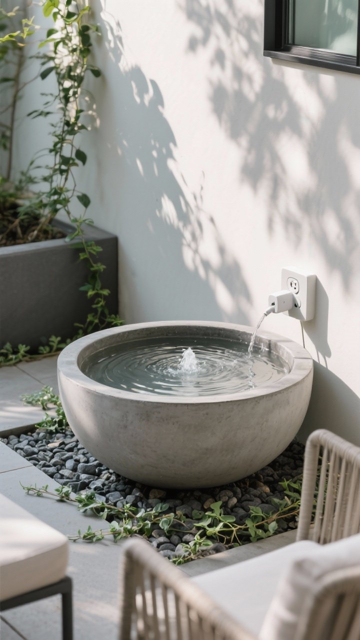 Closeup of a modern water feature vignette in dappled shade: a sleek concrete bowl fountain with a gentle sheet of water, set on a small patio corner; sound-focused placement near seating (chairs partially cropped for context); reservoir edges hidden beneath gravel with trailing creeping Jenny softening the rim; a weatherproof GFCI outlet neatly tucked behind with a smart plug visible but tidy; water surface reflections and subtle ripples; intimate detail perspective, no people.