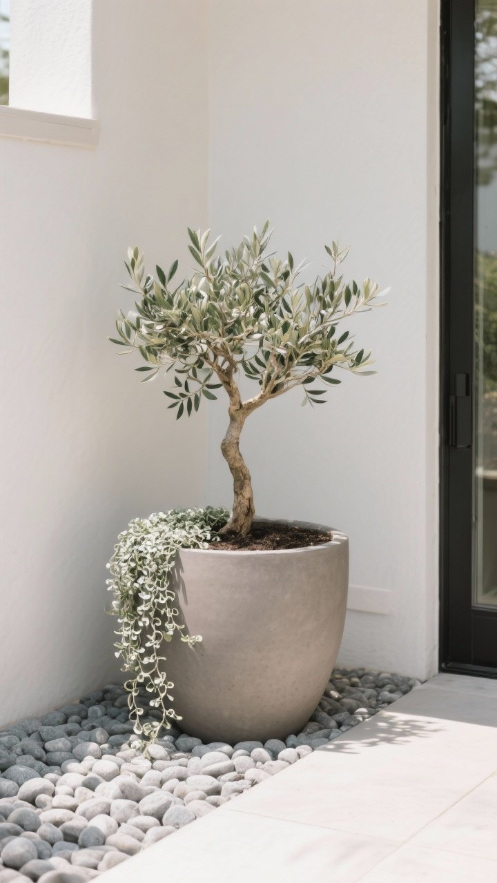 Closeup, straight-on focal planter composition: one oversized 28-inch fiberstone planter in warm gray at a patio corner, planted with a sculptural dwarf olive tree as the hero and a simple trailing ring of dichondra ‘Silver Falls’; the soil surface topped with smooth light-gray pebbles for a tidy finish; soft natural morning light, minimalist background, luxury scale and restraint, no people.
