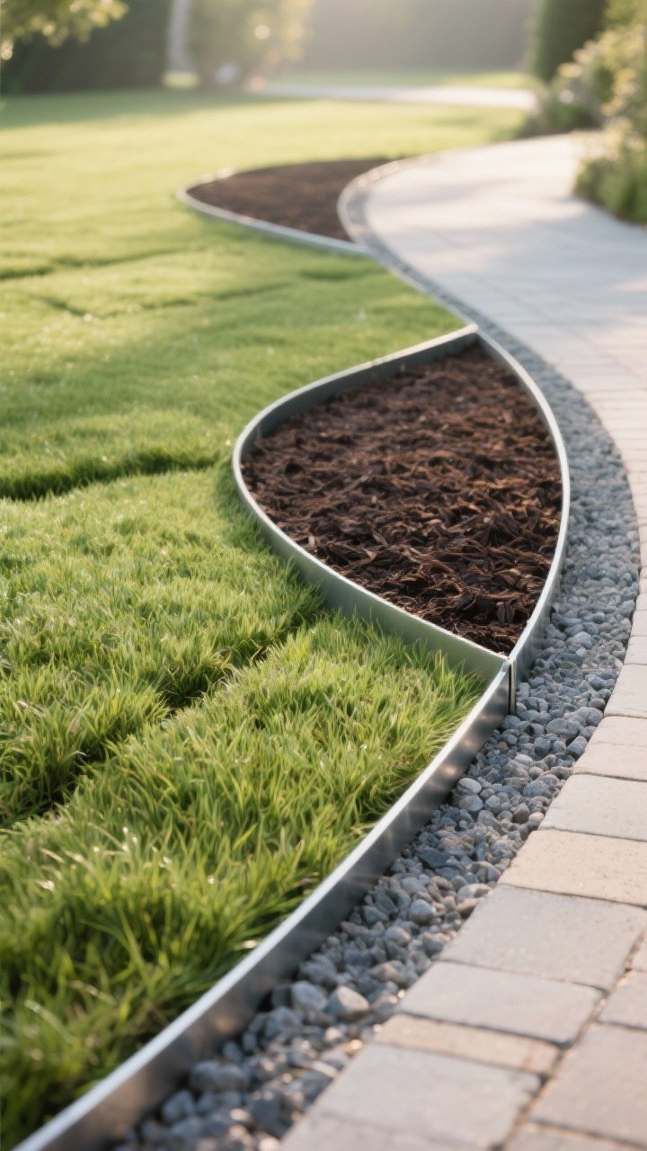 Closeup, straight-on, photorealistic shot of crisp lawn-to-bed transitions using slim steel or aluminum edging strips creating gentle, purposeful curves; freshly cut-edge turf in sections, dark brown mulch within the bed, and a clean paver border along a gravel path; soft morning natural light emphasizes sharp lines and textures of grass blades, metal edge, and mulch—no clutter, just tailored, high-end definition.