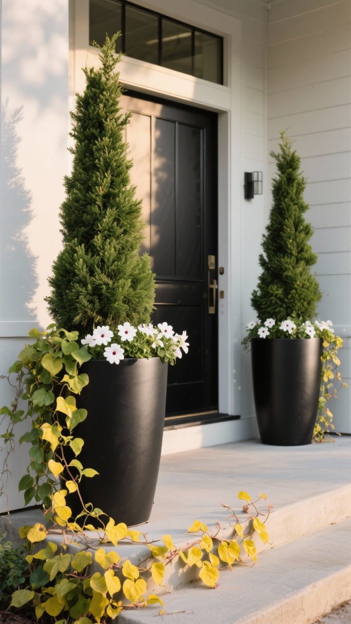Closeup, straight-on view: A pair of tall statement planters flanking a front door like a stage entrance—sleek matte-black cylinder pots matching a modern facade, each planted with compact columnar arborvitae for evergreen structure, underplanted with trailing ivy and chartreuse sweet potato vine spilling over the rim; subtle seasonal color pops from white petunias at the base; door shown in frame for scale with planters at roughly one-third its height; warm late-afternoon natural light, crisp shadows, no people.