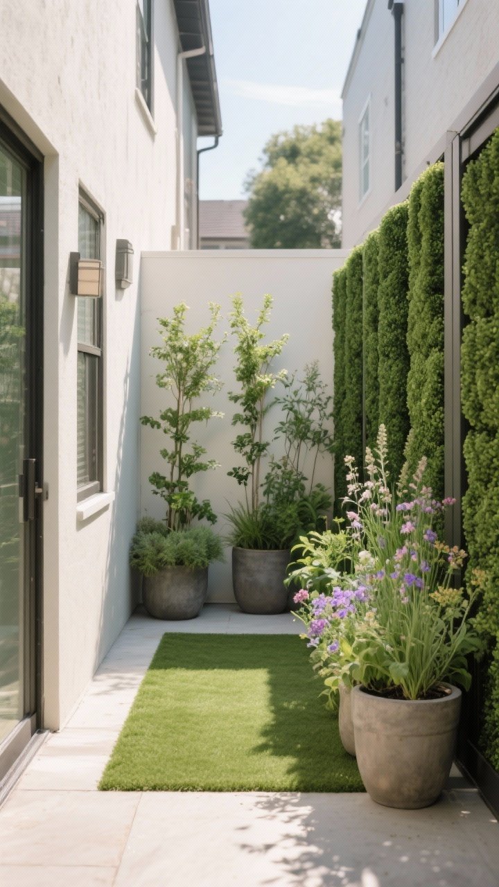 Corner angle, medium: A tiny courtyard with a small rectangle of artificial turf paired with tall planters of real herbs and flowering perennials, plus a fence clad with faux boxwood privacy panels. Blend textures so the faux elements feel chic and strategic. Late afternoon light, subtle shadows, a believable, low-maintenance oasis vibe.