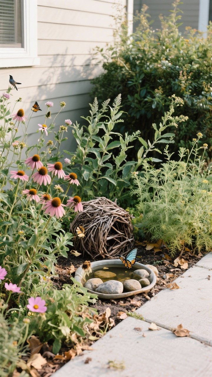Corner-angle medium shot: A wildlife-friendly garden corner planted with natives—coneflower, salvia, milkweed, and cosmos—plus host plants like dill and fennel. Include a shallow water dish with stones for perching, a neat twig bundle insect shelter, and a small brush pile tucked behind shrubs. Natural, slightly wilder edges but corralled neatly. No pesticides implied; a few selectively deadheaded blooms, some leaf litter under plants. Late-morning light with butterflies/birds absent but space inviting.