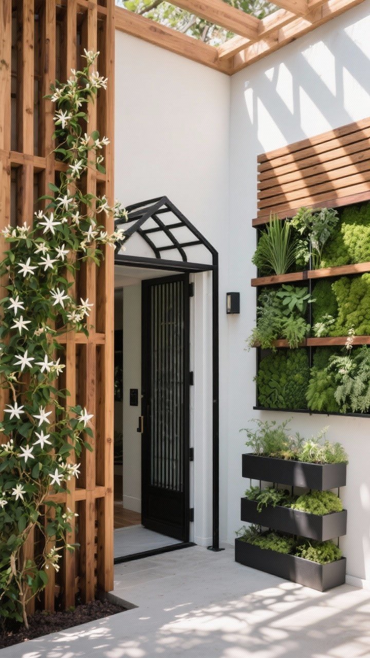 Corner-angle medium shot highlighting vertical elements: a cedar trellis with fragrant star jasmine climbing, a slim black metal arbor framing a small entry, and a modular living wall panel with herbs; slatted wood green screen provides filtered privacy while letting light through; include stacked tiered planters for added height; late afternoon light casting patterned shadows.