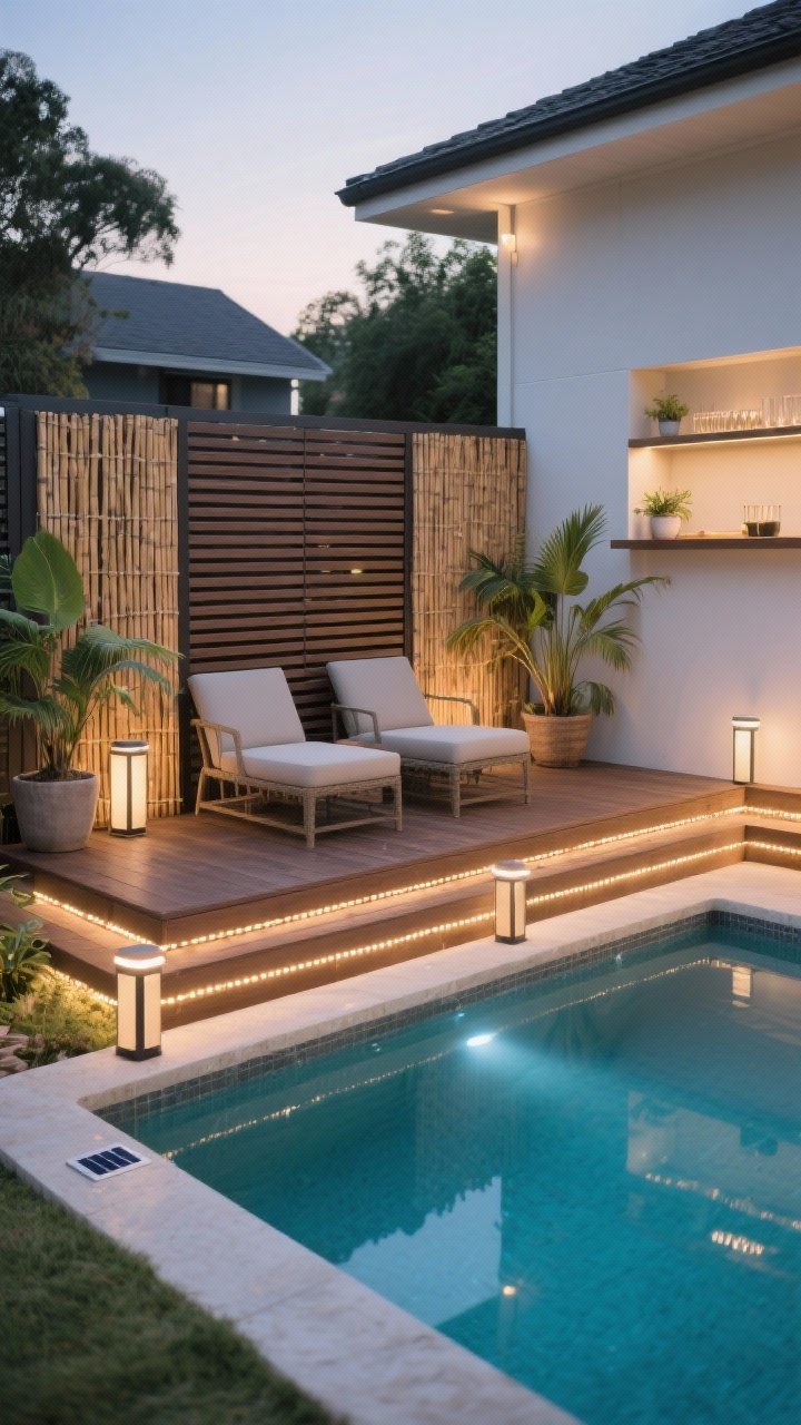 Corner-angle medium shot of a stylish above-ground pool transformed with a wraparound composite deck, horizontal slat privacy screens, bamboo/reed panel accents, matching deck stain and outdoor furniture, LED rope lights tucked under the coping and solar post-cap lights starting to glow at dusk, small integrated bar shelf on one side, potted tropicals, photorealistic, no people.