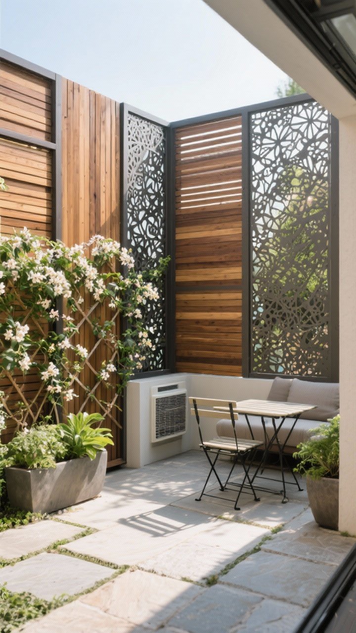 Corner-angle medium shot of an outdoor “room” created with stylish screens: warm wood slat panels mixed with a laser-cut metal screen for pattern, heights staggered at 4', 6', and 8' for depth and airflow; jasmine and clematis trained on trellises softening lines; planters anchoring the base with leafy greens; a compact bistro set on a stone patio indicating a private lounge; soft shaded daylight; AC unit cleverly hidden behind screens; no people.