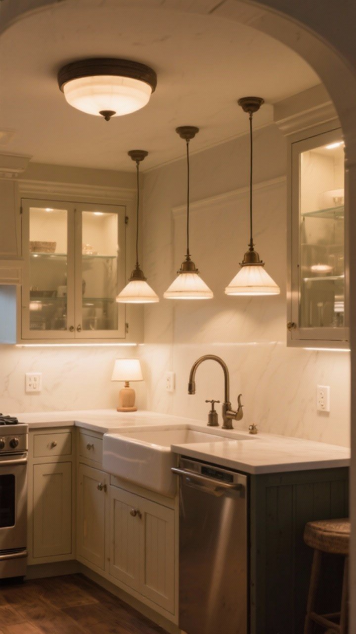 Corner-angle medium-wide shot demonstrating layered lighting in a farmhouse kitchen: ambient from a semi-flush ceiling fixture, task from three pendants over the island plus under-cabinet LEDs washing the counters and a focused spotlight over the farmhouse sink, and accent from over-cabinet uplighting and a tiny lamp on the counter; all lighting matched at 2700–3000K with visible wall dimmers for separate zones (island, perimeter, nook); glass-front cabinets softly lit; cohesive warm ambiance, no people.