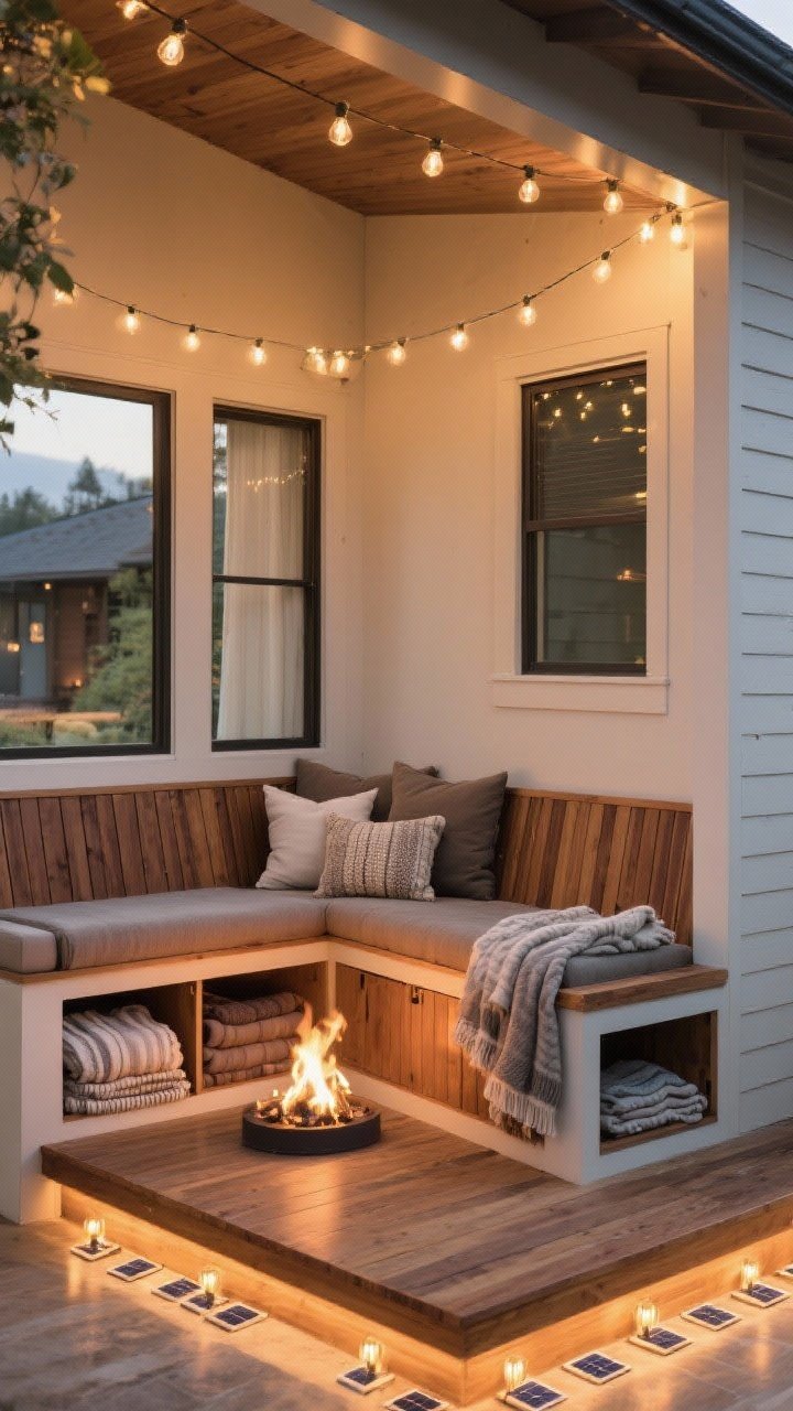 Corner-angle wide shot of a cozy nook with L-shaped built-in benches framing a central fire feature, benches finished in ipe/composite slats to match the home’s exterior, deep cushions, throw pillows, and folded blankets creating a cuddle zone, hidden under-seat storage panels ajar showing blankets and covers, string lights overhead and solar path lights below layering warm light, photorealistic.