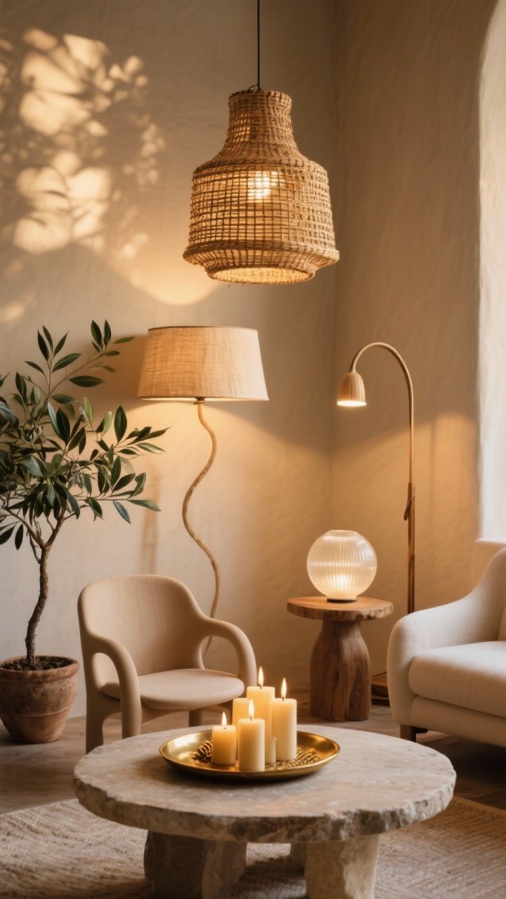 Corner medium shot: A warm, layered lighting scene featuring three sources—an overhead woven rattan pendant on a dimmer casting subtle artisanal shadows, an arched floor lamp with a linen shade and curvy silhouette, and a small table lamp with frosted glass for diffuse glow. Include organic shapes: a rounded coffee table and softly curved chair edges. On a stone or brass tray, cluster beeswax taper and pillar candles for added ambiance. Add a potted olive tree or rubber plant to bridge vintage and boho. Golden-hour warmth with soft, cozy illumination, photographed from a corner angle to show light layering and natural shadow play.