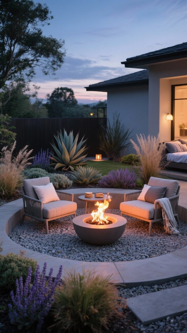 Cozy fire nook, medium-wide shot at twilight: compact circular gravel pad with a low modern fire bowl centered, two weatherproof lounge chairs with outdoor pillows and throws, a small low table for s’mores; surrounding bed planted with heat-friendly species—agave, sedum, lavender, and ornamental grasses—spaced safely from flames; gentle firelight glow plus ambient evening sky; photorealistic, inviting but code-safe spacing.
