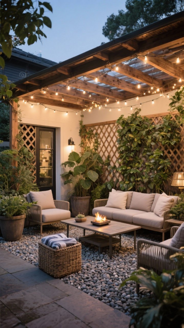 Cozy garden room, wide shot from a corner angle: a defined lounge zone with pea gravel “floor,” tall planters and lattice forming leafy “walls,” and a cedar pergola “ceiling” draped with string lights. Weatherproof seating with neutral cushions, a compact tabletop fireplace on a low coffee table, and a woven storage bin for textiles. Late-evening ambience with bistro-light sparkle and soft shadows, plants providing privacy.