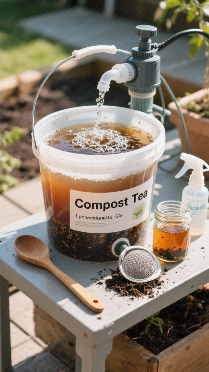 Detail closeup: A compost tea brewing station, shot straight-on on a patio workbench in bright but indirect morning light. A 5-gallon bucket labeled “Compost Tea” shows a mixture of 1 part well-aged compost to 5 parts water; an aquarium pump bubbles for an aerobic brew. A wooden spoon rests nearby, a fine mesh strainer and spray bottle ready. The liquid has a “weak tea” tint in a glass jar sampler; damp compost flecks and water surface bubbles are clearly visible.